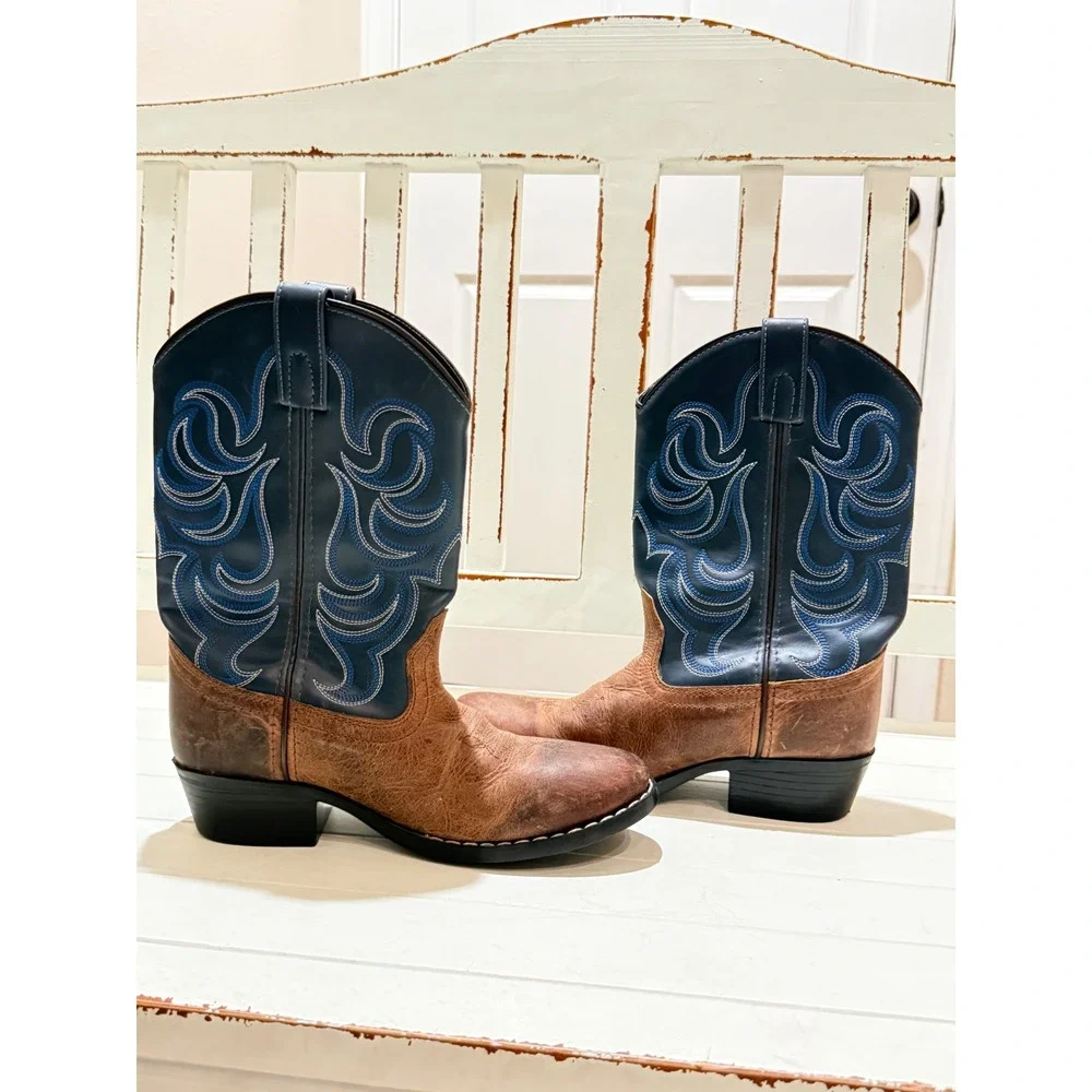 Cody James Kids Brown Leather‎ Navy Blue Stitched Western Cowboy Boots Size 4 D
